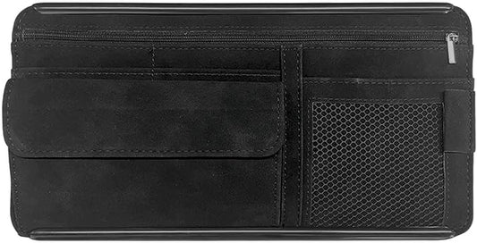 Suede Car Sun Visor Organizer with Multi-Pocket Net Zipper, Glasses Case, Sunglass Holder for Interior Accessories (Black)