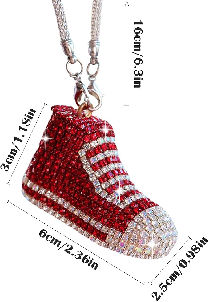 Bling Sneaker Shoe Sparkly Car Hanging Ornament, Cute Crystal Rear View Mirror Pendant, Diamond Rearview Mirror Charms, Lucky Car Interior Decor Accessories (Red)