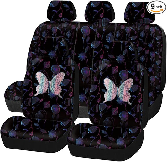 Flying Banner Butterfly car seat Covers ful Set Fashion Universal Lady Woman Female Rear Bench Split Colorized (Muti-Color, Full Set - Printing & Embriodery)