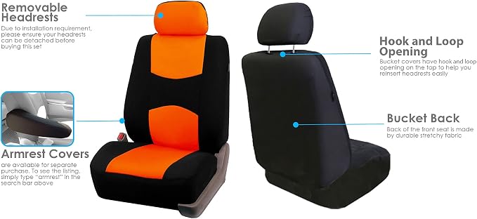 FH Group FH-FB050102 Pair Set Flat Cloth Car Seat Covers, Orange/Black- Universal Fit for Trucks, SUVs, and Vans