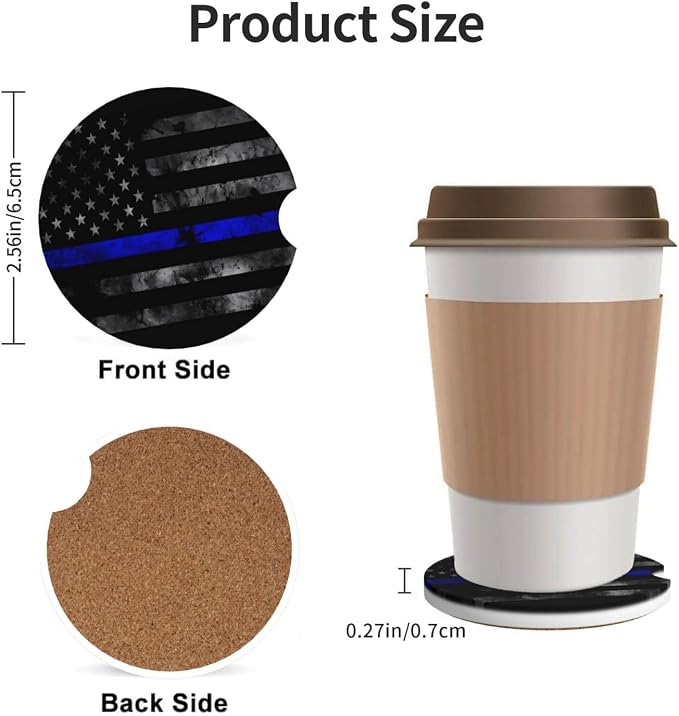 Vintage Thin Blue Line American Flag Absorbent Ceramic Car Coasters 2 Pack Insert Cupholder Coaster Car Cup Holder Mat with Finger Notch Anti-Slip Cork Base Reusable Drink Coasters 2.56 in