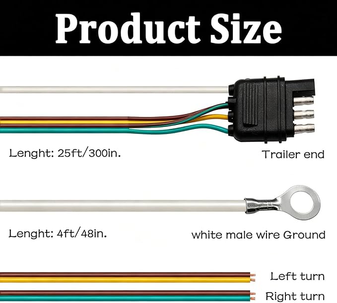 25ft 4 Wire 4-Flat Trailer Light Wiring Harness Extension Kit, Trailer Wiring Harness with 18 Gauge White Ground Wire for Trailers O-016
