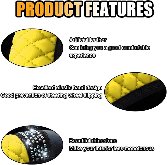 JOYCOURT 15 Inch Bling Soft Leather Car Steering Wheel Cover, Yellow | Colorful Rhinestones Design, Auto Elastic Protector for Women Girls, Crystal Diamond Car Accessories for Most Cars, SUVs
