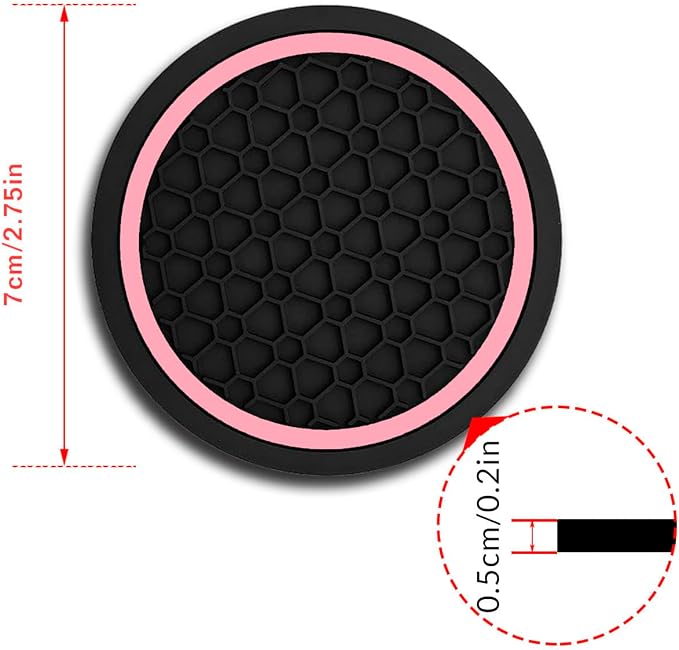 Car Cup Holder Coasters, Dustproof Automotive Interior Accessories Mat,2.75 Inch Non-Slip Insert Water Bottle Holder Pads, Universal for Vehicles, Trucks, RVs and More (Black/Pink, 2PCS)