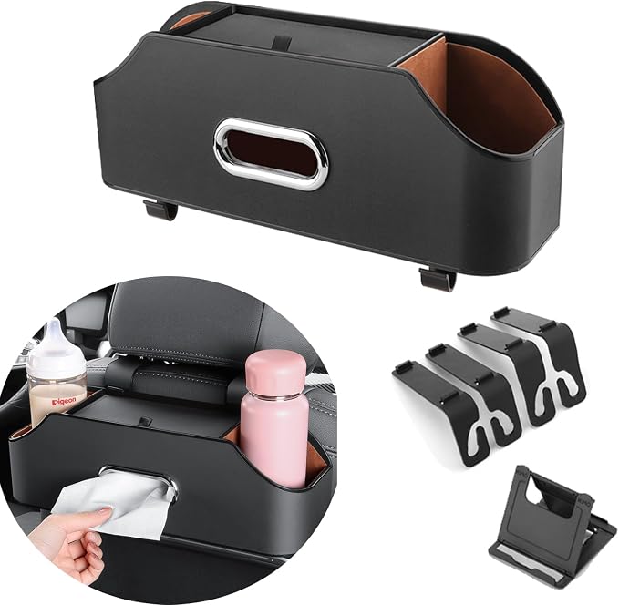 Car Back Seat Organizer with 2 Drink Cup Holder and Tissue Box, Headrest Hanging Storage Box with Hooks and Phone Holder, Multi-Functional Storage for Kids and Travel. (Black)