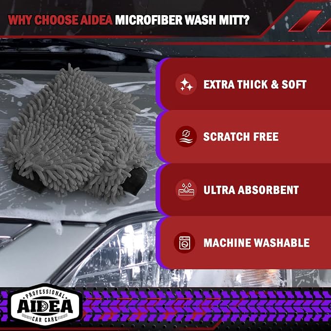 AIDEA Car Wash Mitt Microfiber, 2PK, Car Wash Brush, Grey, 7.12''X10.14'' | Scratch Free Lint Free Premium Chenille Microfiber Mitt, Cleaning Supplies, Regular Size