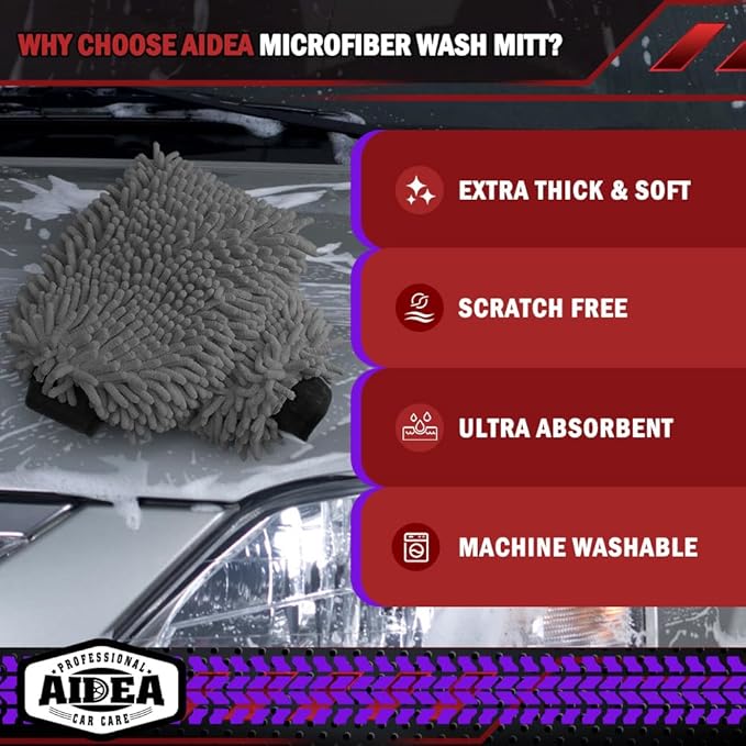 AIDEA Car Wash Mitt Microfiber, 2PK, Car Wash Brush, Grey, 8''X12'' | Scratch Free Lint Free Premium Chenille Microfiber Mitt, Cleaning Supplies, Extra Large Size