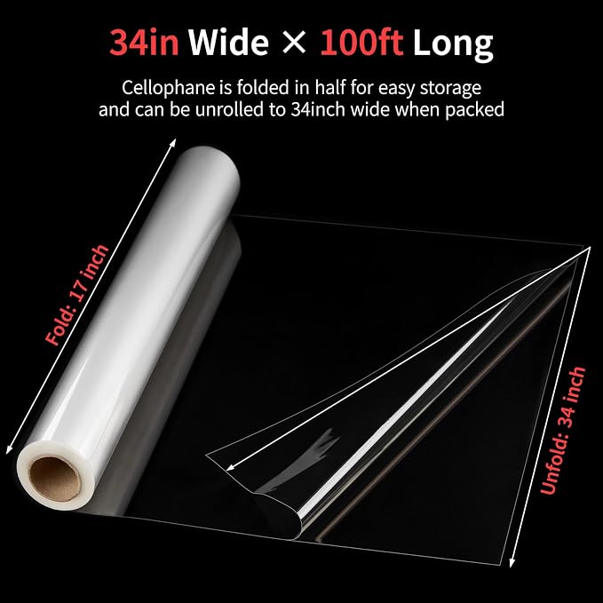 Jutieuo 100 ftx34 in Extra Wide Clear Cellophane Wrap Roll | 2.5 Mil Thick Crystal Transparent Plastic | Bouquet, Baskets, Gifts, Crafts, Treats, Wrapping | Food Grade (34" Fold into 17")