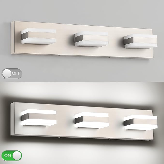 SOLFART Vanity Lighting Over Mirror, 3 Lights Brushed Nickel Bathroom Light, Modern LED Light Fixtures, 5 Color Temperature Adjustable Modern Light for Bathroom ETL Listed