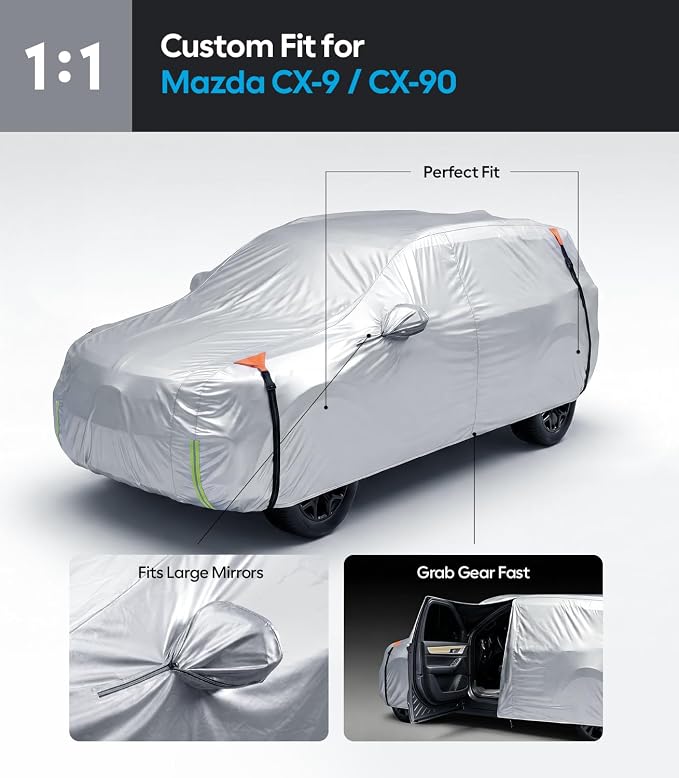 Wigoo Mazda CX-9 CX-90 Car Cover Accessories 2007-2026, Custom Fit Waterproof All Weather Outdoor Indoor Full SUV Cover, Windproof Sun UV Rain Snow Dust Protection, Door Zipper, Reflective Strips