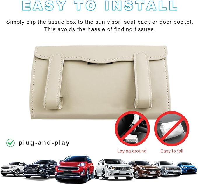 Ohleats Car Tissue Holder, Leather Sun Visor Napkin Holder, Auto Backseat Tissue Mask Case Dispenser for Most Vehicles, Universal Interior Car Accessories Hanging Tissues (Beige)