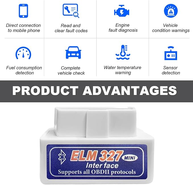 KVAEY OBDII Car Auto Diagnostic Scanner, ELM327 Automotive Bluetooth Scan Tool and Code Reader, Professional Car Bluetooth Engine Fault Code Reader, Universal Car Accessories (White & Blue)