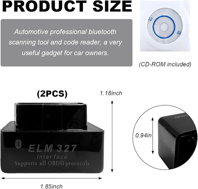 KVAEY 2 PCS OBDII Car Auto Diagnostic Scanner, ELM327 Automotive Bluetooth Scan Tool and Code Reader, Professional Car Bluetooth Engine Fault Code Reader, Universal Car Accessories (Black)