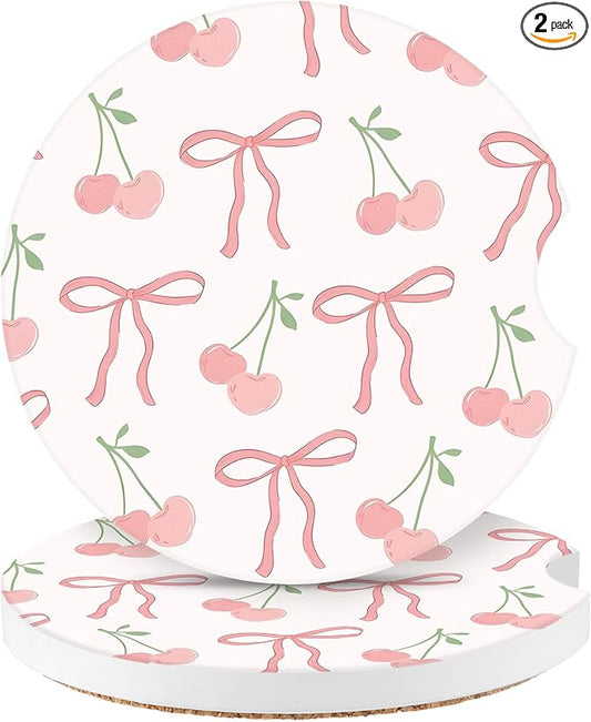 Cute Cherry Car Coasters,Absorbent 2 Pack for Cup Holders with Finger Notch,2.56 inches Ceramics Heat Resistant Anti Slip Cork Base Car Drinks Coasters Auto Cup Holder
