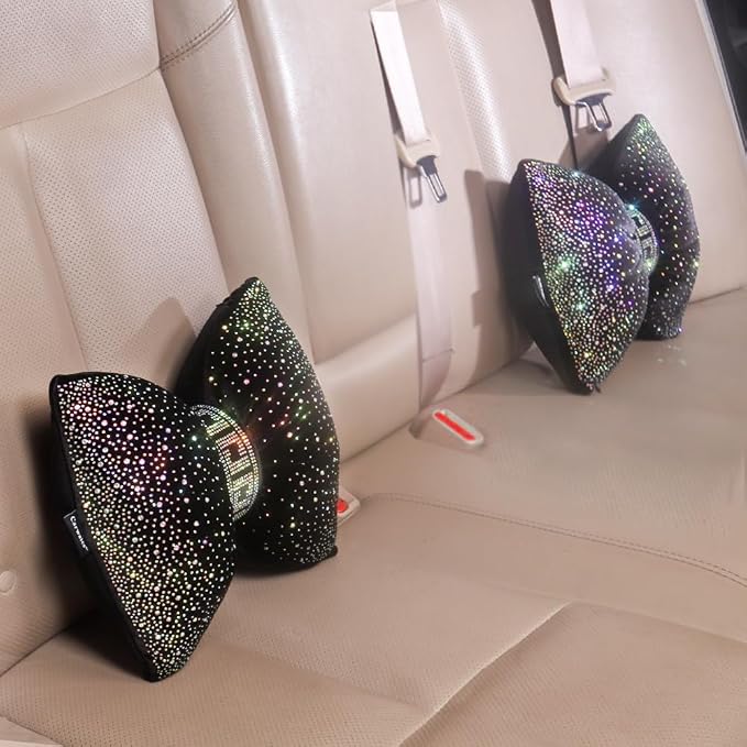 Carwales Bow Neck Support Pillow for Driving Seat Travel Head Rest Sparkly Bling Car Accessories Sparkly Rhinestone Headrest Black 2pcs for Women Men