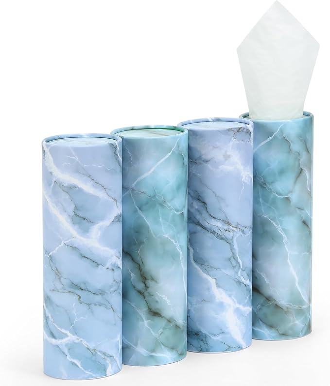 Car Tissue Holder (4 PK) - 50 3-Ply Tissues Cylinder, Fits Car Cup Holders, Portable Travel Tubes Box Container, Marble Design, Round Tissue Container for Car Accessories
