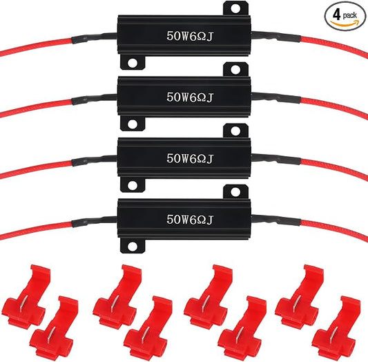 4Pcs 50W 6Ohm Load Resistor Turn Signal Blink LED Fix Fast Flash Error Code Flickering Automotive Replacement Resistors for LED Lights Indicator Controllers Bulb Headlights Tail Light License Plate