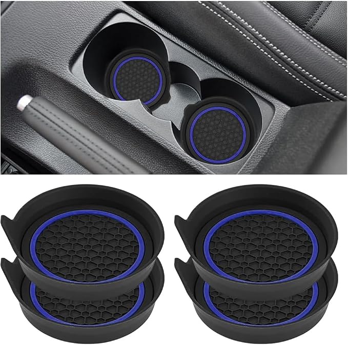 HZEL Car Cup Holder Coasters, 4PCS Non Slip Waterproof Vehicle Water Bottle Pads, Recessed Automotive Interior Drink Mat Decoration Accessories, Universal for SUV Sedan Truck (Blue/Black)