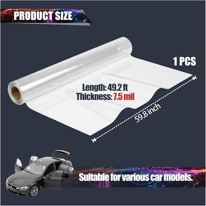 Car Paint Protection Film - Clear 7.5-Mil TPU Self-Healing PPF, Anti-Scratch Protective Wrap for Pickup Trucks, SUVs & Cars, Waterproof & Stain-Resistant, 5ft x 50ft Roll