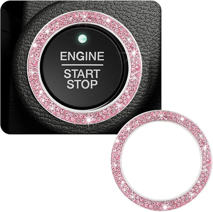 Car Bling Crystal Rhinestone Engine Start Ring Decals, Sparkling Diamond Car Push Start Button Ignition Ring Sticker, Auto Key Ignition Knob Ring Decoration for Women Girls (Pink)