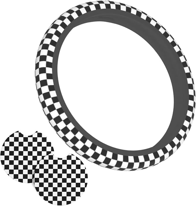 Racing Flag Steering Wheel Cover - Black and White Checkered Steering Wheel Cover Anti-Slip Breathable for 15 in Universal 2 Pcs Car Interior Cup Holder Pad for Men Women