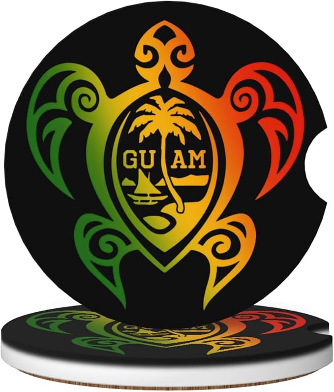 Guam Turtle Palm Trees Absorbent Ceramic Car Coasters 2 Pack Round Insert Cupholder Coaster Car Cup Holder Mat with Finger Notch Anti-Slip Cork Base Reusable Drink Coasters 2.56 in