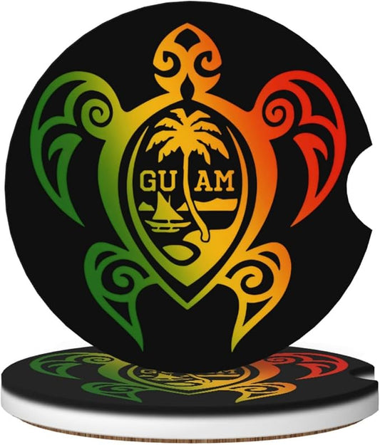 Guam Turtle Palm Trees Absorbent Ceramic Car Coasters 2 Pack Round Insert Cupholder Coaster Car Cup Holder Mat with Finger Notch Anti-Slip Cork Base Reusable Drink Coasters 2.56 in