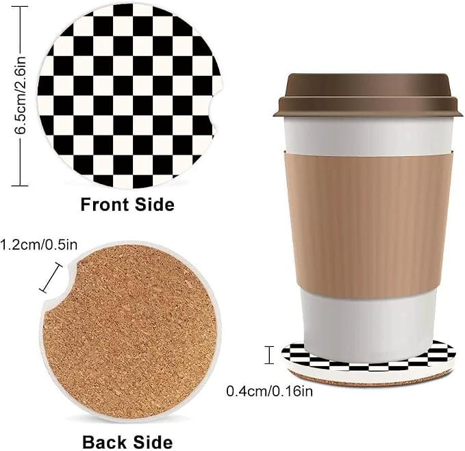 Absorbent Car Cupholder Coaster 2 Pack, Cute Car Coasters with a Finger Notch for Women & Men,2.56" Ceramic Stone & Non-Scratch Cork Base Drink Coasters (Checkerboard)
