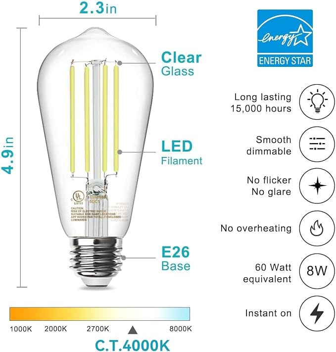 TJOY LED Edison Light Bulbs, E26 Dimmable Vintage Bulb, 8W = 60W Equivalent | Neutral White 4000K, 800LM, E26 Base, ST19/58, 80+ CRI, Clear Glass, Antique Decorative Filament Bulb for Living Room, 6 Pack