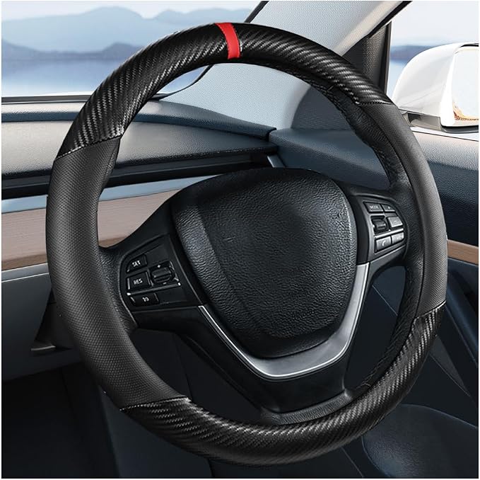 Carbon Fiber Car Steering Wheel Cover, Leather Breathable Automotive Wheel Protector, 15 Inch Anti-Slip Vehicle Interior Steering Accessories, Universal for SUV Truck Sedan (Black)