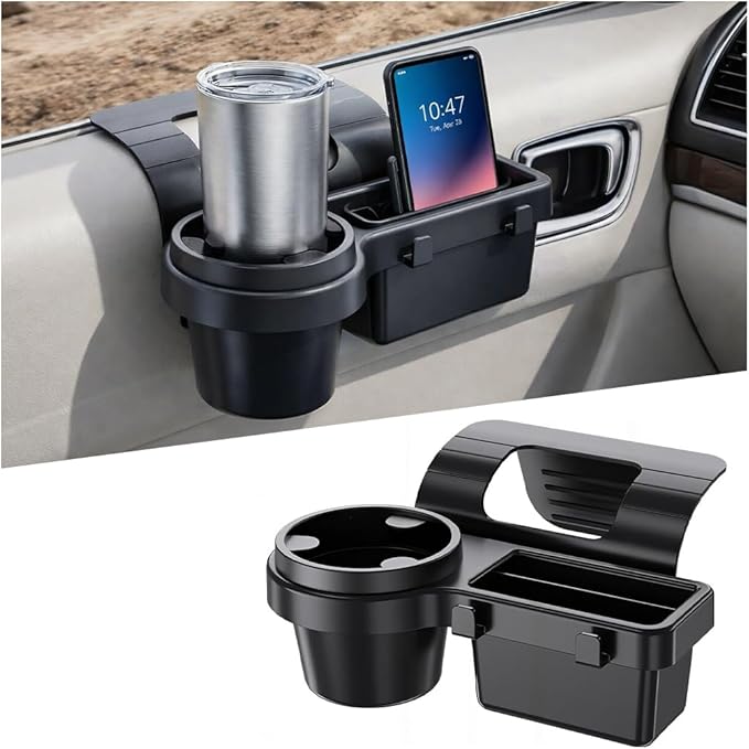 Car Window Organizer, Vehicle Side Door Storage Rack with 2.79 Inch Water Cup Phone Holder & Charging Port, Multifunctional Automotive Interior Organizer Accessories, Universal Fit