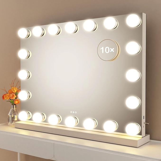 Gvnkvn Vanity Mirror with Lights, 22.8WX18.2L Tabletop Hollyhood Makeup Mirror with USB & Type-C Charing, Hollywood Lighted Mirror with 20 LED Bulbs,Touch Control,Metal Frame,White