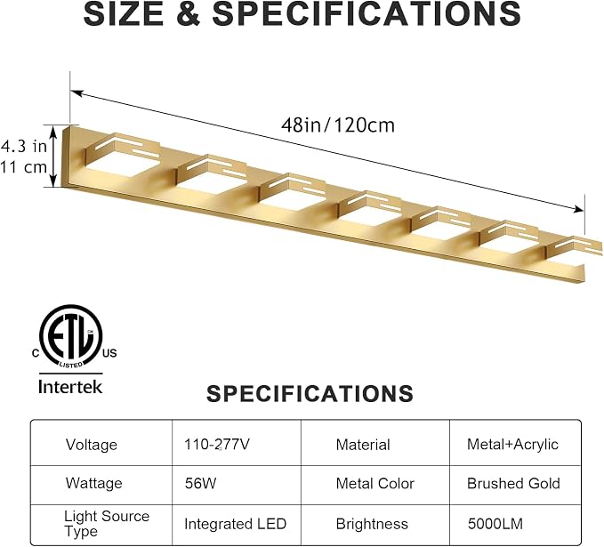 LED Modern Bathroom Vanity Light Fixtures, Dimmable Gold Vanity Lights for Bathroom Lighting Fixtures Over Mirror, with 360° Rotatable Heads 7-Light 48-inch (Cool White 6000K)