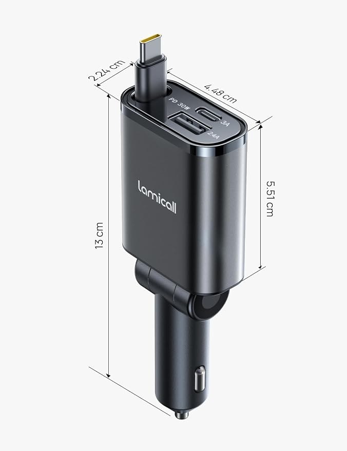 Lamicall Car Charger USB C Compatible with iPhone 17 16 15 Fast Charging [Ultra-Compact, 60% Less Space] 57w Type C Retractable Car Charger Fit Samsung Galaxy S25 S24 Ultra Pixel Android - Black