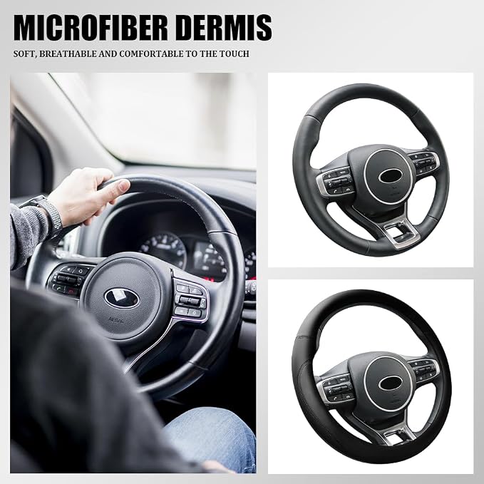 Car Steering Wheel Cover, 15 Inch Napa Leather Car Steering Wheel Protector, Slip-Resistant Elastic Steering Wheel Handle Cover, Universal Interior Accessories for Cars Trucks SUVs (Black)
