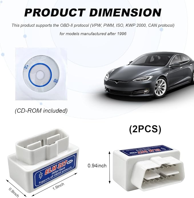 2 PCS ELM327 OBDII Car Auto Diagnostic Scanner, Professional Mini Bluetooth Scan Tool Engine Fault Code Reader, Wireless Failure Detector Interface Adapter for Most OBD II Vehicles (White)