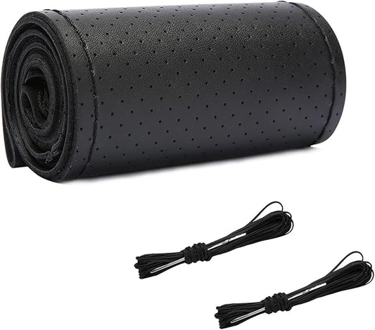 Augeny Genuine Leather Steering Wheel Cover, Breathable Anti-Slip Car Steering Wheel Protector Stitch on Wrap for Max Diameter 15 Inch, DIY Sewing with Needle Thread (Full Hole, Black)