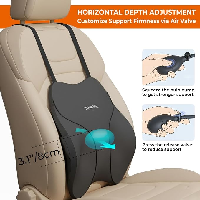 Adjustable Lumbar Support for Car: 4-Way Back Support | 3" thickness and 4" height adjustment helps target the right lower back spot for long-distance driving and truck drivers