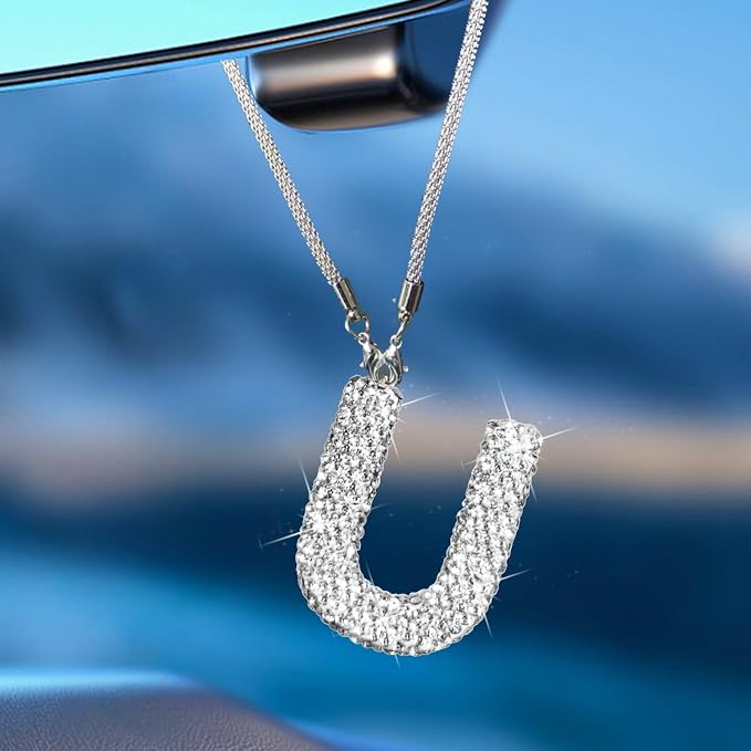 Bling Car Accessories for Women Letter Charm, Rear View Mirror Ornament Cute Hanging Crystal Pendant Girl Car Decorations, Lucky Diamond Rhinestone Girly Charm Interior (White U)