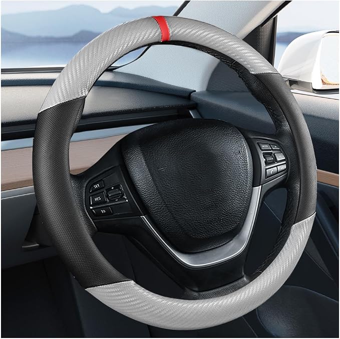 Carbon Fiber Car Steering Wheel Cover, Leather Breathable Automotive Wheel Protector, 15 Inch Anti-Slip Vehicle Interior Steering Accessories, Universal for SUV Truck Sedan (Silver Gray)