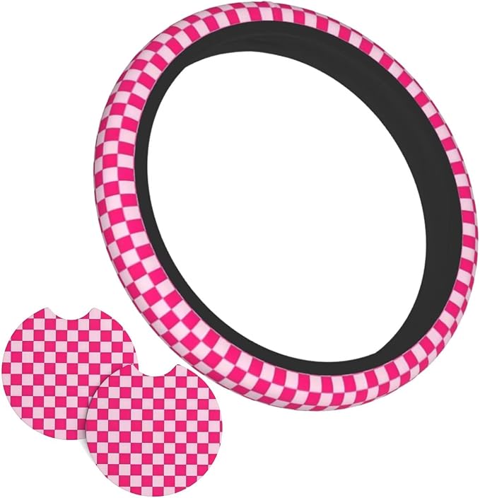 Pink Checkered Steering Wheel Cover - Pink Checkered Steering Wheel Cover Anti-Slip Breathable for 15 in Universal 2 Pcs Car Interior Cup Holder Pad for Men Women