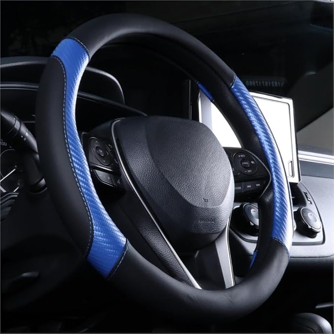 Steering Wheel Cover Blue - Premium Perforated Leather Sport Wrap with Carbon Fiber Texture and Odorless Rubber Non-Slip Inner, Universal Fit for Cars Trucks SUVS - 15 Inch (Blue)