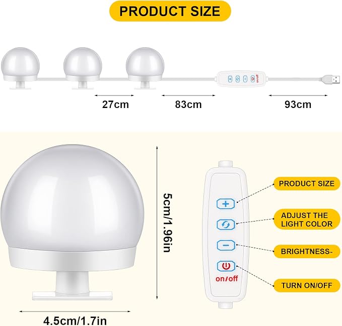 Tuanse 2 Sets Vanity LED Lights Kit 28 Dimmable Bulbs with 3 Color Modes, Plug in Makeup Mirror Light with Adjustable Color and Brightness for Bedroom Bathroom, USB Cable, No Mirror Included