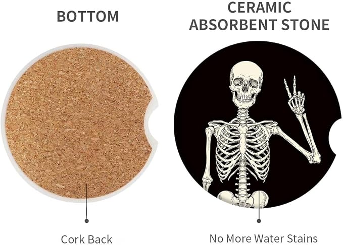 Britimes Absorbent Car Coasters 2 Pack for Cup Holders, 2.56" Ceramic Stone & Non-Scratch Cork Base Drink Coasters Human Skeleton