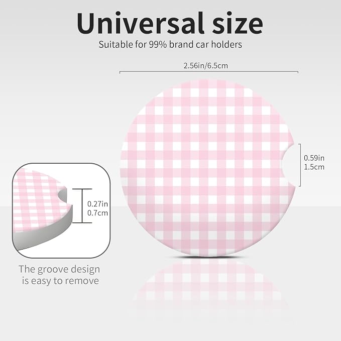 Pink Checkered Car Coasters for Cup Holder Absorbent Ceramic Cup Coaster 2 Pack Anti Slip Car Interior Accessories with Finger Notch Cork Base for Women Men 2.56"