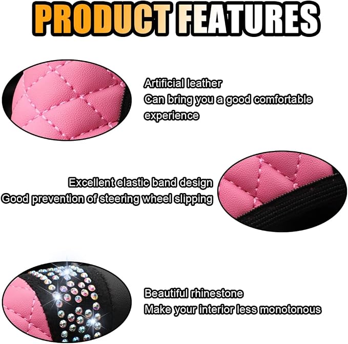JOYCOURT 15 Inch Bling Soft Leather Car Steering Wheel Cover, Pink | Colorful Rhinestones Design, Auto Elastic Protector for Women Girls, Crystal Diamond Car Accessories for Most Cars, SUVs