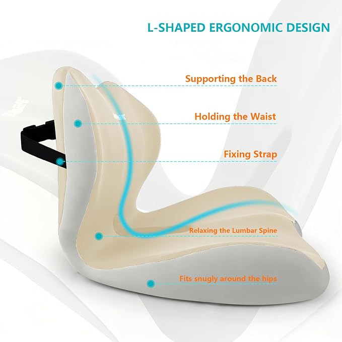 Ergonomic Memory Foam Seat Cushion with Strap for Office Chair, Beige Grey | Contoured coccyx cutout supports back and butt, with a non-slip base and washable cover for office chairs and cars.
