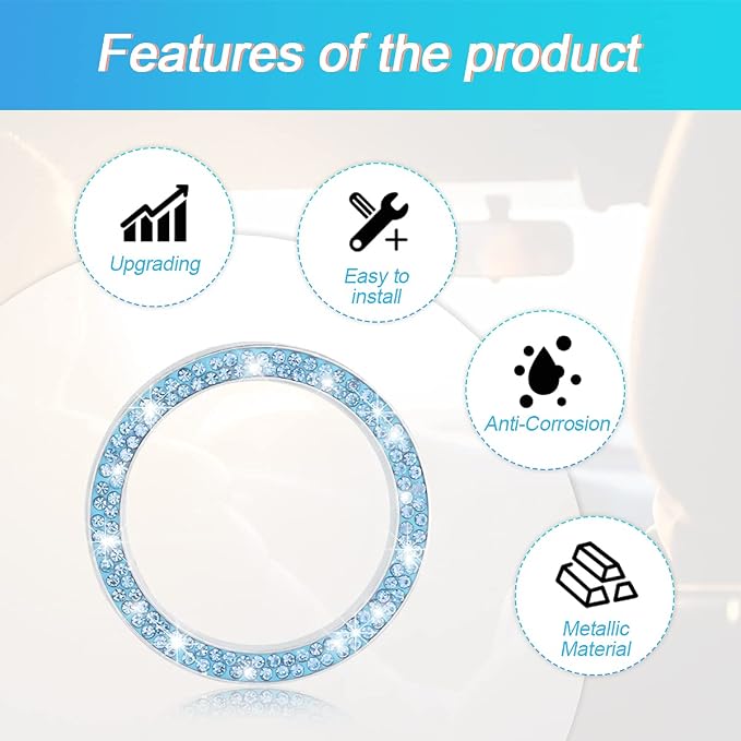 Car Bling Crystal Rhinestone Engine Start Ring Decals, 2 Pack Car Push Start Button Cover/Sticker, Key Ignition Knob Bling Ring, Sparkling Car Interior Accessories for Women (Blue)