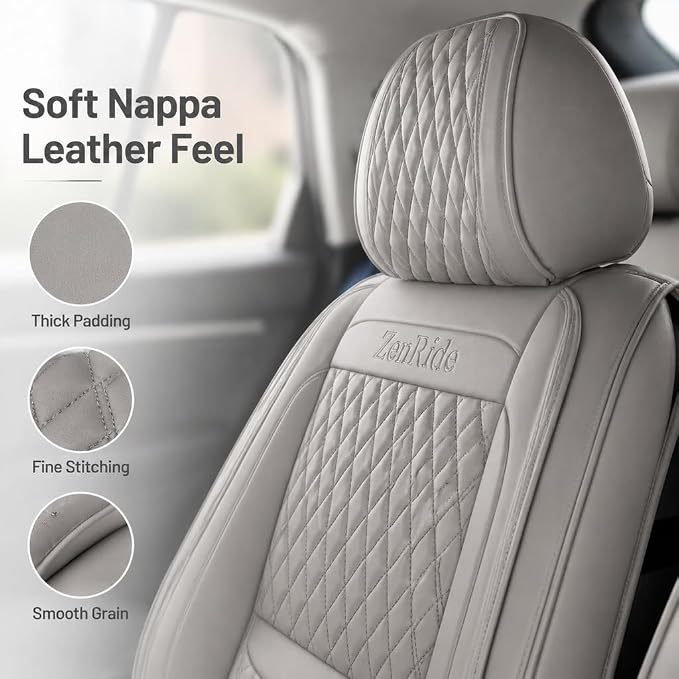 Gray Thick Nappa Leather Automotive Front Car Seat Covers Set of 2 | Univerasal Precision Fit,Lumbar Support,3D Contoured,Semi Coverage,Waterproof,ThickTexture,for most Suvs Trucks Sedans
