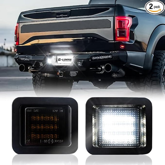 D-Lumina LED License Plate Lights Smoked Lens Tag Lamp Assembly Compatible with 2015-2022 Fo-rd F150 ＆ 2017-2022 F150 Raptor, Powered by 18-SMD 6000K White License Plate Light, Pack of 2